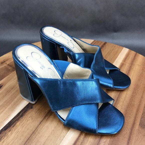 Jessica Simpson Blue Metallic Slides Block Heel Sandals Womens Size 6 B - Picture 1 of 10